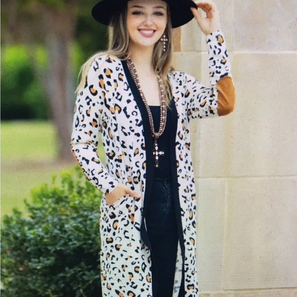 White Leopard Patched Elbows Longe Duster Cardigan